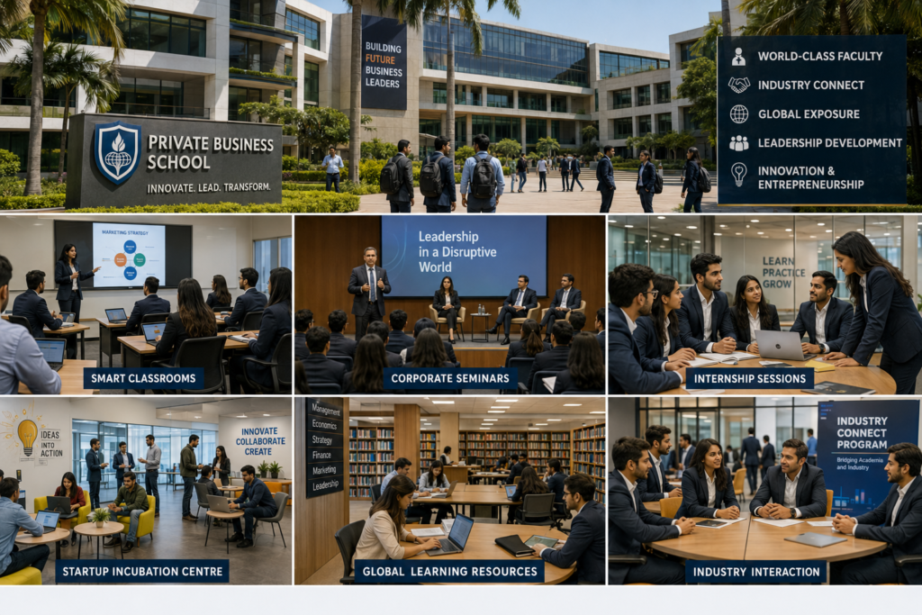 Students participating in corporate workshops and classroom activities at a modern private B-School.